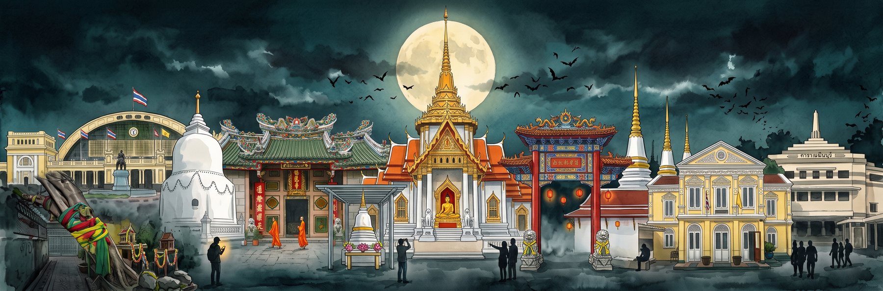ภาพสีน้ำ สถานีหัวลำโพง วัดไตรมิตร ซุ้มประตูเฉลิมพระเกียรติ ศาลเจ้า และเจดีย์ย่านเยาวราช