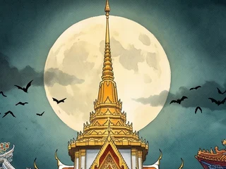 ภาพสีน้ำวัดไตรมิตรยามค่ำคืน